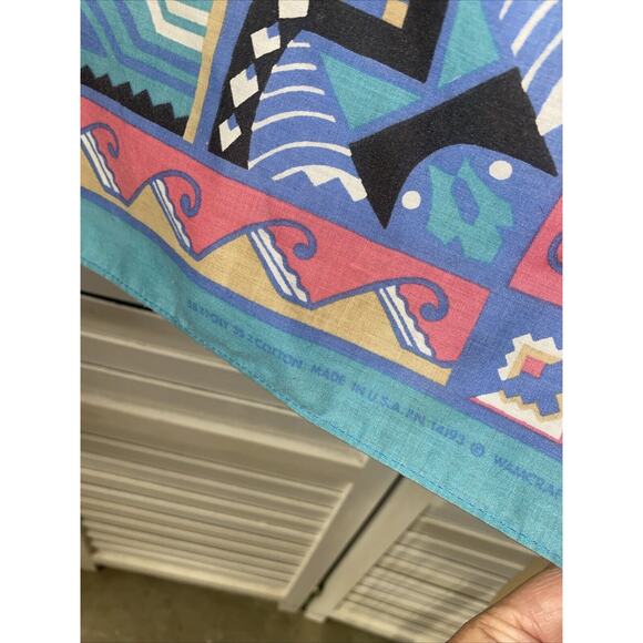 Vintage Wamcraft Teal Southwest Native American 32” Square Bandana Made In USA - Picture 4 of 9
